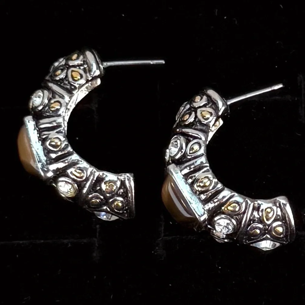 Vintage weighted, Silvertone, goldtone, bling half hoop pierced earrings